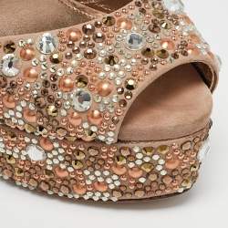 Pre Owned Le Silla Beige Suede Crystal Embellished Platform Ankle Strap Sandals Size 37