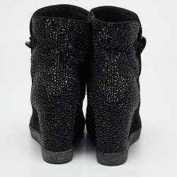 Le Silla Black Suede Crystal Embellished Wedge Ankle Length Boots Size 37