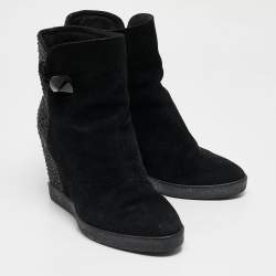 Le Silla Black Suede Crystal Embellished Wedge Ankle Length Boots Size 37