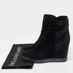 Le Silla Black Suede Crystal Embellished Wedge Ankle Length Boots Size 37