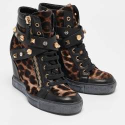 Pre Owned Le Silla Brown/Black Calf Leather and Leather Wedge Sneakers Size 36