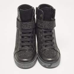 Pre Owned Le Silla Black Crystals and Leather Wedge Sneakers Size 36