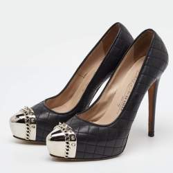Le Silla Black Quilted Leather Metal Cap Toe Platform Pumps Size 38