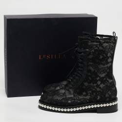 Pre Owned Le Silla Black Lace and Leather Pearl Embellished Combat Boots Size 37