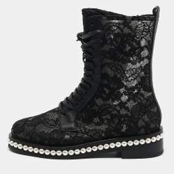 Pre Owned Le Silla Black Lace and Leather Pearl Embellished Combat Boots Size 37