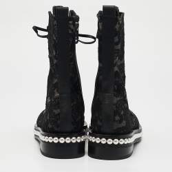 Pre Owned Le Silla Black Lace and Leather Pearl Embellished Combat Boots Size 37