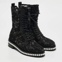 Pre Owned Le Silla Black Lace and Leather Pearl Embellished Combat Boots Size 37
