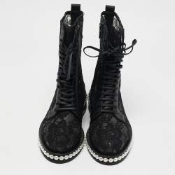 Pre Owned Le Silla Black Lace and Leather Pearl Embellished Combat Boots Size 37
