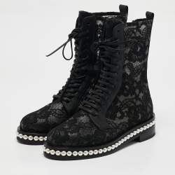 Pre Owned Le Silla Black Lace and Leather Pearl Embellished Combat Boots Size 37