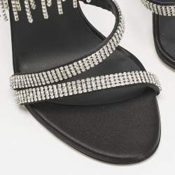 Pre Owned Le Silla Black Satin Crystal Embellished Jewels Ankle Wrap Sandals Size 38