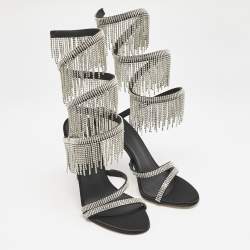 Pre Owned Le Silla Black Satin Crystal Embellished Jewels Ankle Wrap Sandals Size 38