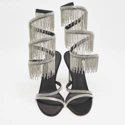 Pre Owned Le Silla Black Satin Crystal Embellished Jewels Ankle Wrap Sandals Size 38