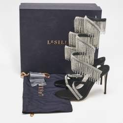 Pre Owned Le Silla Black Satin Crystal Embellished Jewels Ankle Wrap Sandals Size 38