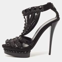 Le Silla Black Satin Crystal Embellished Platform Sandals Size 38