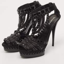 Le Silla Black Satin Crystal Embellished Platform Sandals Size 38