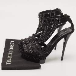 Le Silla Black Satin Crystal Embellished Platform Sandals Size 38