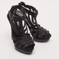 Le Silla Black Satin Crystal Embellished Platform Sandals Size 38