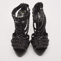 Le Silla Black Satin Crystal Embellished Platform Sandals Size 38