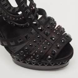Le Silla Black Satin Crystal Embellished Platform Sandals Size 38