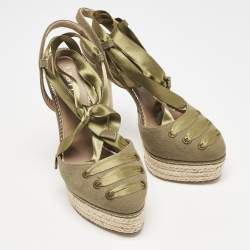 Le Silla Green Canvas Platform Ankle Tie Pumps Size 36