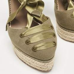 Le Silla Green Canvas Platform Ankle Tie Pumps Size 36