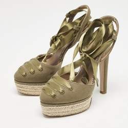 Le Silla Green Canvas Platform Ankle Tie Pumps Size 36