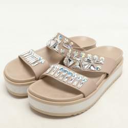Le Silla Beige Leather Crystal Embellished Platform Sandals Size 37