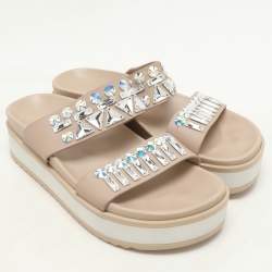 Le Silla Beige Leather Crystal Embellished Platform Sandals Size 37