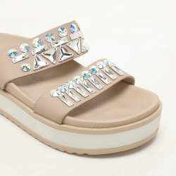 Le Silla Beige Leather Crystal Embellished Platform Sandals Size 37