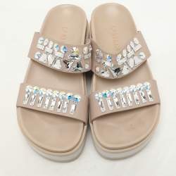 Le Silla Beige Leather Crystal Embellished Platform Sandals Size 37