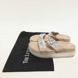 Le Silla Beige Leather Crystal Embellished Platform Sandals Size 37