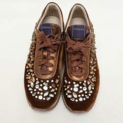 Le Silla Bronze Leather and Velvet Crystal Embellished Low Top Sneakers Size 36