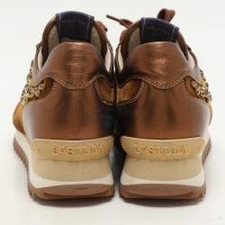 Le Silla Bronze Leather and Velvet Crystal Embellished Low Top Sneakers Size 36
