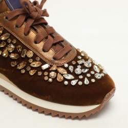 Le Silla Bronze Leather and Velvet Crystal Embellished Low Top Sneakers Size 36