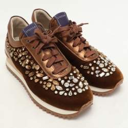 Le Silla Bronze Leather and Velvet Crystal Embellished Low Top Sneakers Size 36