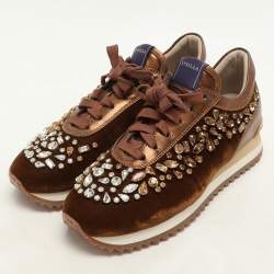Le Silla Bronze Leather and Velvet Crystal Embellished Low Top Sneakers Size 36