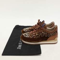 Le Silla Bronze Leather and Velvet Crystal Embellished Low Top Sneakers Size 36