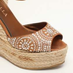 Le Silla Brown/Beige Canvas and Suede Crystal Embellished Wedge Sandals Size 37