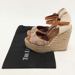 Le Silla Brown/Beige Canvas and Suede Crystal Embellished Wedge Sandals Size 37
