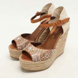 Le Silla Brown/Beige Canvas and Suede Crystal Embellished Wedge Sandals Size 37