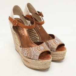 Le Silla Brown/Beige Canvas and Suede Crystal Embellished Wedge Sandals Size 37