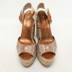 Le Silla Brown/Beige Canvas and Suede Crystal Embellished Wedge Sandals Size 37