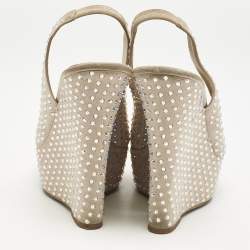 Le Silla Beige Suede Crystal Embellished Wedge Sandals Size 38
