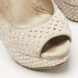 Le Silla Beige Suede Crystal Embellished Wedge Sandals Size 38