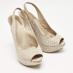 Le Silla Beige Suede Crystal Embellished Wedge Sandals Size 38