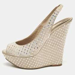 Le Silla Beige Suede Crystal Embellished Wedge Sandals Size 38