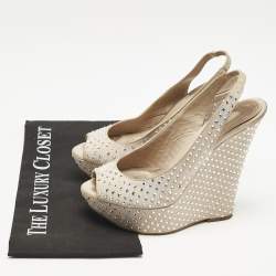 Le Silla Beige Suede Crystal Embellished Wedge Sandals Size 38