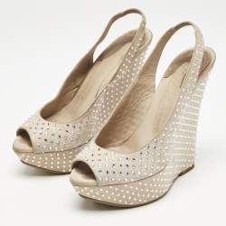 Le Silla Beige Suede Crystal Embellished Wedge Sandals Size 38