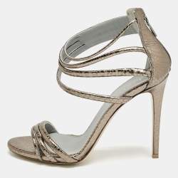 Le Silla Metallic Snakeskin Embossed Leather Strappy Ankle Strap Sandals Size 37