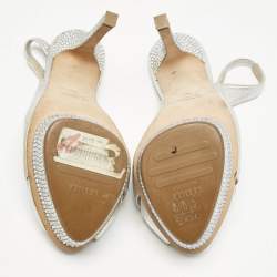 Le Silla Metallic Silver Leather Crystal Embellished Platform Slingback Sandals Size 36